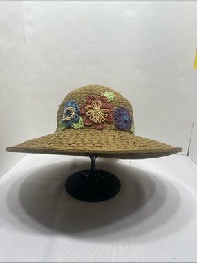 Cappelli Straw Sun Hat Multicolor Crochet Flowers - Women’s UPF NEW NWT